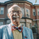A smiling elderly person in front of a retirement home